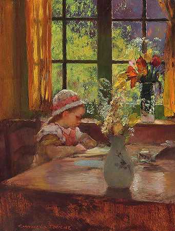 一个戴着帽子的年轻女孩在窗边看书`A Young Girl with Bonnet Reading by the Window by Gaston La Touche