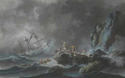 风暴中的沉船`A Shipwreck in a Storm (1782) by Jean-Baptiste Pillement