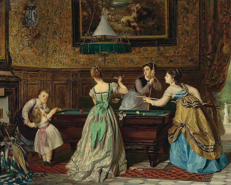 打台球的女士们`Ladies Playing Billiards by Charles Edourard Boutibonne