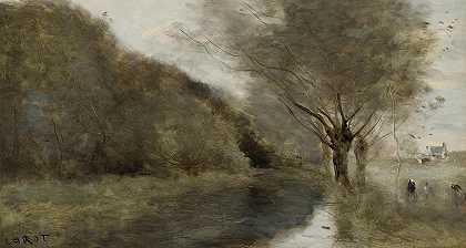 靠近吉索斯索莱河，晨效`Près Gisors; Saulaie Et Rivière, Effet Du Matin by Jean-Baptiste-Camille Corot