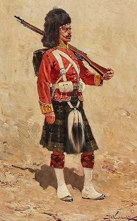 戈尔丹高地人队的一名士兵`A Private in the Gordan Highlanders by Herman Willem Koekkoek