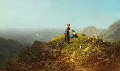 山谷景观（阿尔卑斯山上的两个女孩）`Blick ins Tal (Zwei Mädchen auf einer Alpe) (1860) by Carl Spitzweg