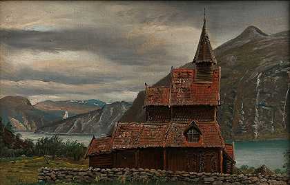 索恩的乌恩斯·斯塔夫教堂`Urnes Stave Church in Sogn (1832) by Knud Baade