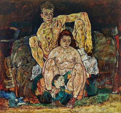 蹲着的夫妇，一家人`Crouching Couple, The Family by Egon Schiele