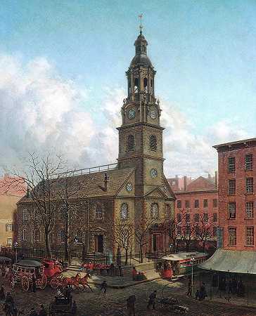 纽约富尔顿和威廉姆斯街北荷兰教堂`The North Dutch Church, Fulton and Williams Streets, New York by Edward Lamson Henry