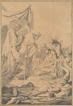 圣查尔斯·博罗密欧在米兰向鼠疫受害者分发圣餐`St. Charles Borromeo Distributing Communion to the Victims of the Plague in Milan (ca. 1760) by Jean Baptiste Marie Pierre