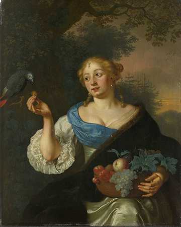 一个拿着鹦鹉的年轻女子`A young Woman with a Parrot (1660 ~ 1680) by Ary de Vois