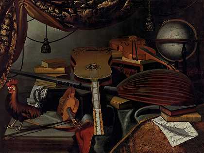乐器、书籍、乐谱、一个地球仪和一只公鸡放在铺着地毯的桌子上`Musical instruments, books, music scores, a globe and a rooster on a table draped with a carpet by Bartolomeo Bettera