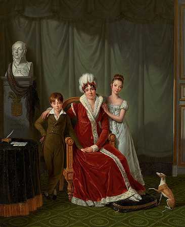 鲍德特将军画像她的妻子和两个孩子，身后有一尊将军的半身像`Portrait of General Baudets wife and her two children, with a bust of the General behind (1814) by Jean-Jacques Lagrenée