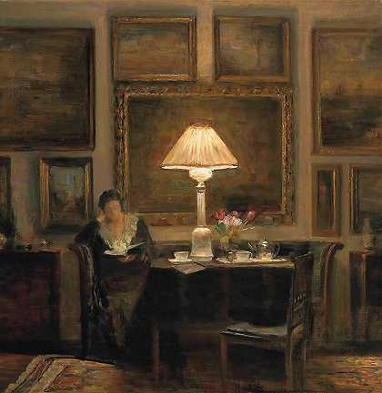 在灯光下看书的女士`A Lady Reading by Lamplight by Carl Vilhelm Holsoe