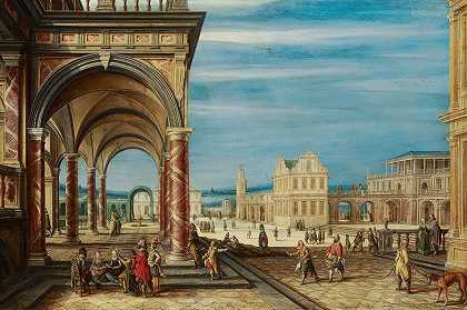 有虚构建筑的广场`A Square with Imaginary Buildings (1614) by Hendrick van Steenwijck the Younger