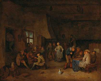 酒馆屋内有农民在玩三轮车`A Tavern Interior With Peasants Playing Triktrak by Egbert van Heemskerck I