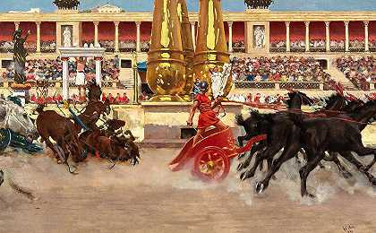 马戏团的战车比赛`Chariot Race in the Circus by Raffaello Sorbi