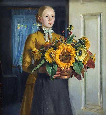 一个长着向日葵的女孩`A Girl with Sunflowers by Michael Ancher