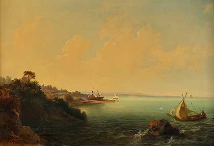 岩石海岸和帆船`Felsküste und Segelboote (1853) by Carlo Brioschi