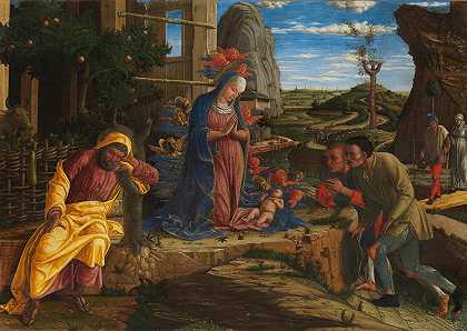 牧羊人的崇拜`The Adoration of the Shepherds (after 1450) by Andrea Mantegna