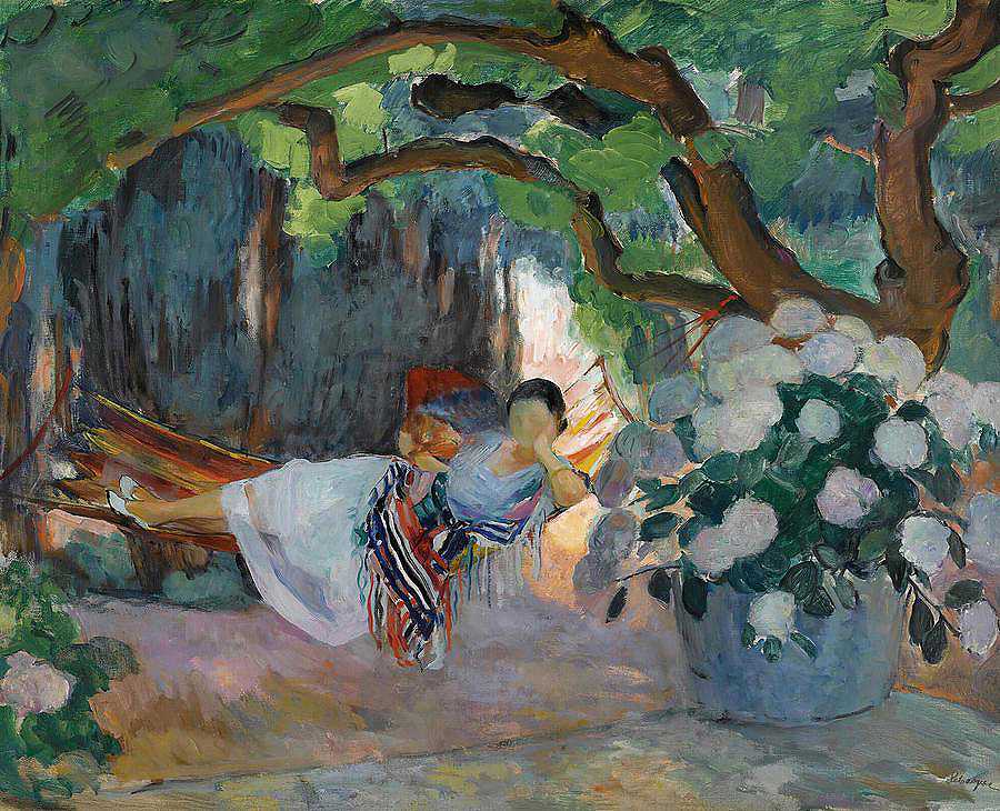 吊床上的年轻女子`Young Woman in a Hammock by Henri Lebasque