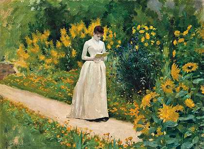 在花园小径上读书`Reading on the Garden Path by Albert Aublet