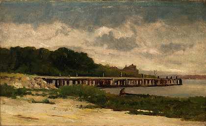无标题（带码头的景观）`Untitled (landscape with pier) by Edward Mitchell Bannister