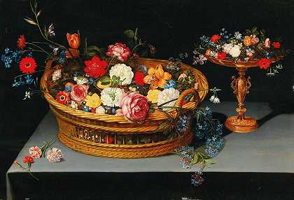 花篮里放着各种各样的花，旁边有一个塔扎`Mixed flowers in a basket with a tazza nearby by Jan Brueghel the Younger