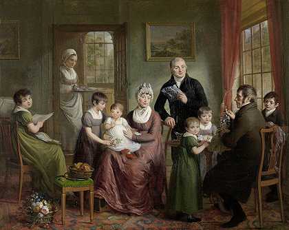 阿德里亚努斯·邦巴克与德克·L·本内维茨的家庭肖像`Portrait of the Family of Adrianus Bonebakker with Dirk L. Bennewitz (1809) by Adriaan de Lelie