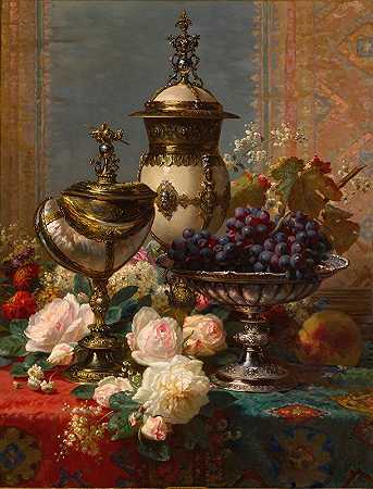 有玫瑰、葡萄和银镶嵌鹦鹉螺壳的静物画`A Still Life With Roses, Grapes, And A Silver Inlaid Nautilus Shell by Jean-Baptiste Robie