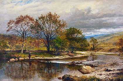 一条鳟鱼溪——卢格威河上的秋天`A Trout Stream – Autumn on the Llugwy by Benjamin Leader Williams