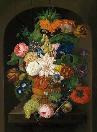 葡萄花的静物画`Still Life Of Flowers With Grapes by Johann Baptist Drechsler
