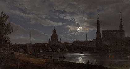 德累斯顿景观`View of Dresden by Moonlight (1838) by Moonlight by Johan Christian Dahl