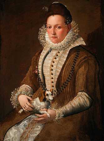 一位女士牵着一条狗的肖像`Portrait of a Lady with a Dog (between 1552 and 1614) by Lavinia Fontana