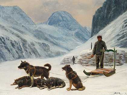 一个格陵兰人在他的狗雪橇旁休息`En grønlænder holder hvil ved sin hundeslæde (1893) by Carl Rasmussen