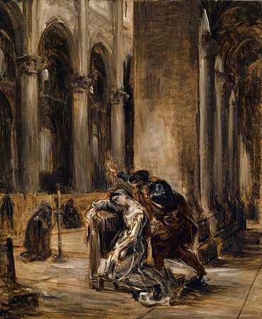 格雷琴在教堂（歌德，浮士德第一部分，大教堂场景）`Gretchen in the Church (Goethe, Faust Part I, scene in the cathedral) (1850) by Eugène Delacroix