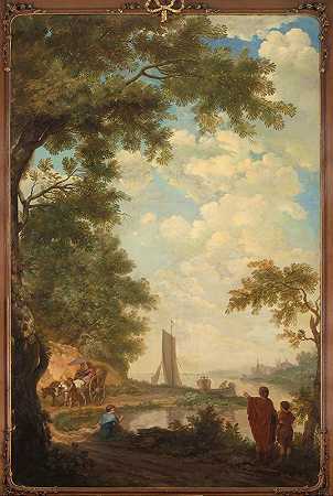 带有河岸人物的田园风光`Arcadisch landschap met figuren bij een rivieroever (1771) by Jurriaan Andriessen