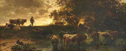 饮水点的牛群`Herd of Cattle at the Drinking Point by Friedrich Voltz