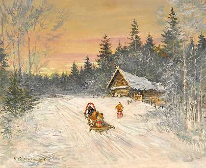 雪下的俄罗斯村庄`Russian Village under Snow by Konstantin Korovin