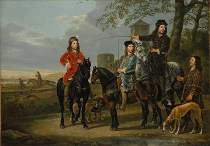 科内利斯（1639-1680）和米切尔·庞佩·范·米德尔沃特（1638-1653）及其导师和车夫的马术肖像`Equestrian Portrait of Cornelis (1639–1680) and Michiel Pompe van Meerdervoort (1638–1653) with Their Tutor and Coachman (ca. 1652–53) by Aelbert Cuyp