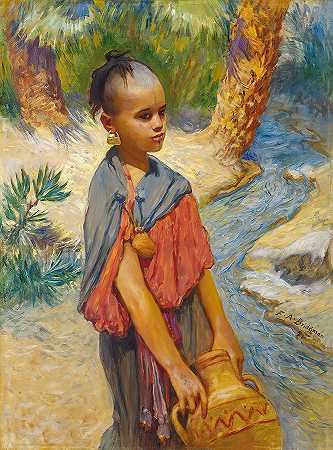 河边的一个小女孩`A Young Girl by the River by Frederick Arthur Bridgman