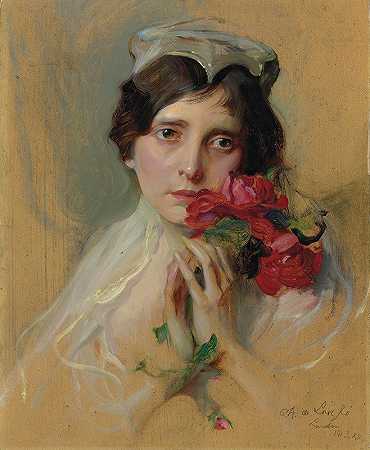 一位戴着尖顶头饰的女士的肖像`Portrait of a lady wearing a peaked headdress (1913) by Philip Alexius de László