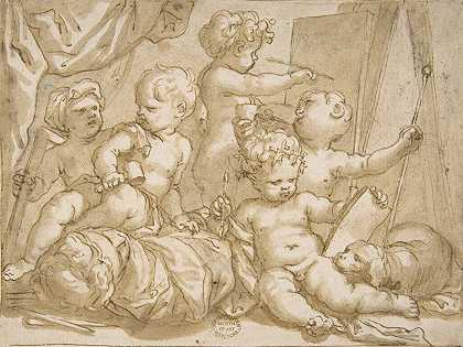 具有艺术属性的Putti`Putti with the Attributes of the Arts (1627–1703) by Domenico Piola