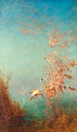 粉红火烈鸟的飞行`Flight of Pink Flamingos, Vaccares Pond by Felix Ziem