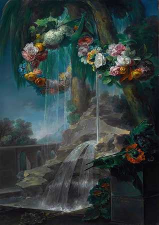 这是一个户外场景，泉水流入水池，花环和远处的渡槽`An Outdoor Scene With A Spring Flowing Into A Pool, With Garlands Of Flowers And An Aqueduct Beyond (1842) by Miguel Parra Abril