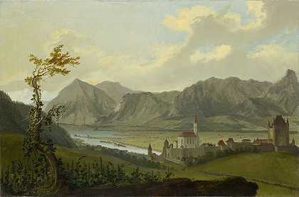 有一连串角和喷嚏的金枪鱼景观`Blick auf Thun mit Stockhornkette und Niesen (1777) by Caspar Wolf