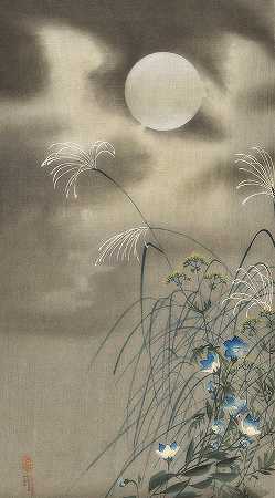 满月的草和花`Grasses and Flowers at Full Moon by Ohara Koson