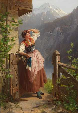漂亮女孩`Ausschau haltendes Mädchen (1871) by Peter Baumgartner