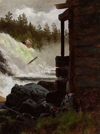 瀑布`A Waterfall by Adolph Tidemand