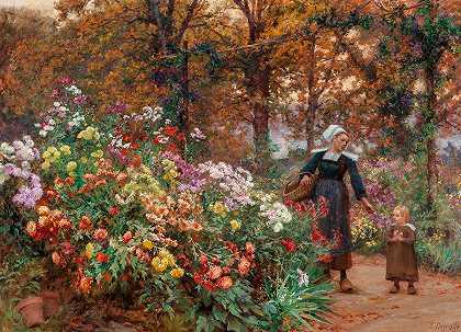 在布列塔尼采花`Picking Flowers in Brittany by Theophile Louis Deyrolle