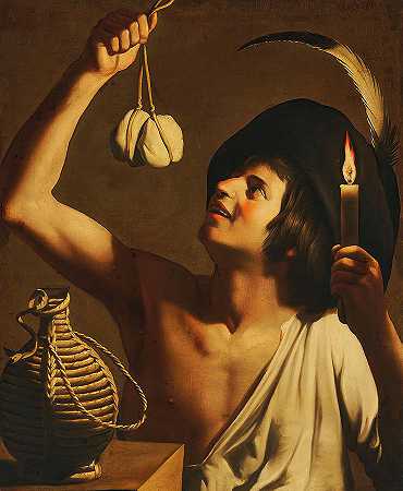 一个拿着蜡烛和斯卡莫扎奶酪的年轻人`A Young Man Holding a Candle and Scamorza Cheese by Gerard von Honthorst