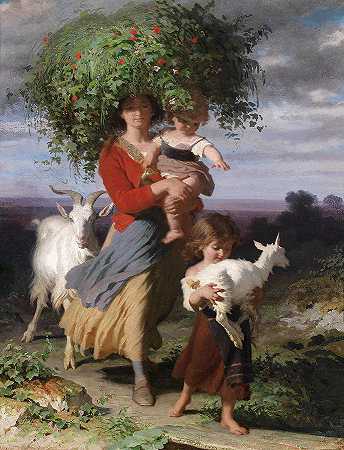 母亲带着孩子在回家的路上`Mother with Children on the way Home by Alfred van Muyden