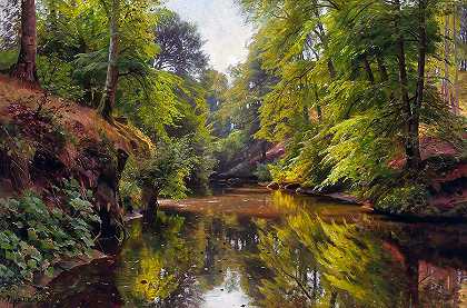 树木繁茂的河流景观`Wooded River Landscape by Peder Mork Monsted