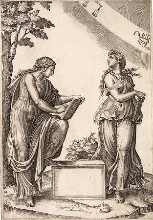 天秤座和天蝎座的两个女人`Two Women with the Signs of Libra and Scorpio (1517–20) by Marcantonio Raimondi